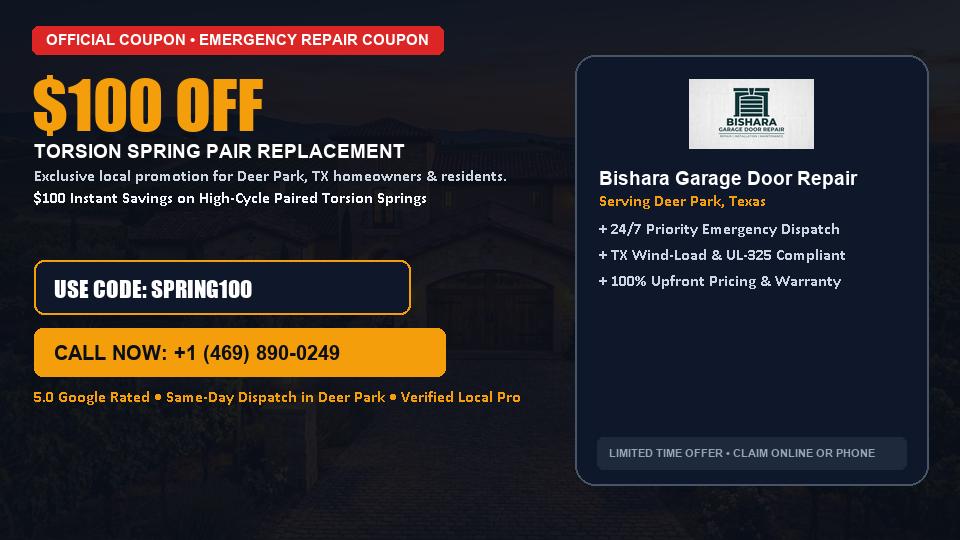 Bishara Garage Door Repair $100 OFF Dual Torsion Spring Replacement in Deer Park, TX